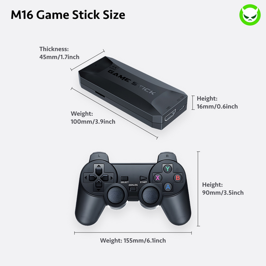 【Double Controllers/Bluetooth/4K HDMI/20000Games/PS1】M16 Game Stick【Buy 1 Get 2 Controllers+1 Bluetooth Connector+1 HDMI Cable+1 USB Cable】4K HDMI Output 2.4G Wireless Controller Game Stick Over 25+ Emulators with 20,000 Classic Retro Games Pre-installed